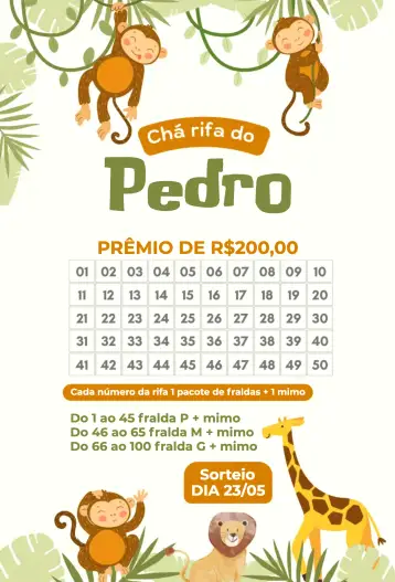 Convite Animales de la selva para baby shower o revelación de género. – tema té rifa (colores vibrantes, ilustraciones de animales, estilo lúdico, elementos gráficos suaves, delicado y divertido)