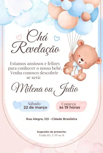 Convite Balões e urso para chá revelação para comemorar a chegada do bebê. – tema chá revelação (colorido, infantil, lúdico, fofo, alegre, moderno)