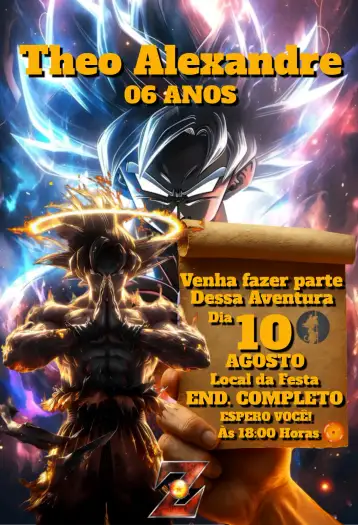 Convite Dragon Ball Z - GOKU para children's birthday or themed party. – tema birthday (colorful, anime, modern, dynamic, themed)