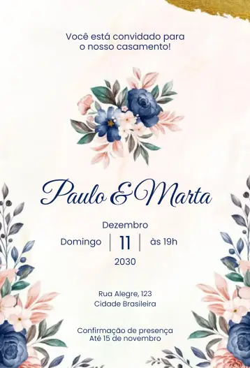 Convite Floral Clássico para casamento ou noivado elegante. – tema casamento (floral, elegante, romântico, azul escuro, delicado, natureza)