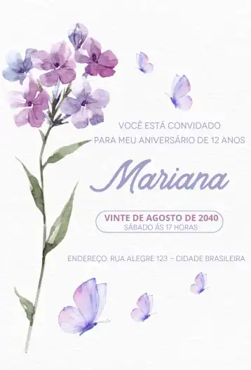 Convite Floral lilás – tema Aniversário floral, aquarela, lilás, elegante, moderno, suave