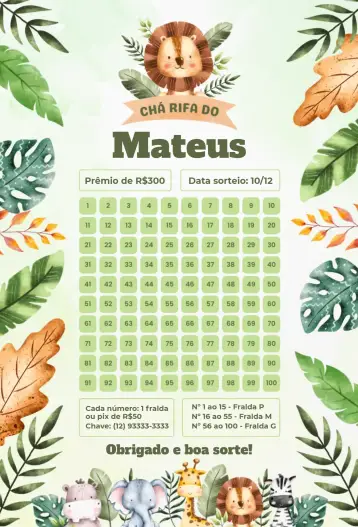 Convite Leão Safari para chá de rifa para bebê. – tema chá rifa (safari, animais, cores vibrantes, ilustrações fofas, natureza, divertido)