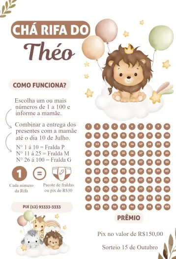 Convite Leãozinho Rei para chá de bebê e revelação do sexo do bebê. – tema chá rifa (animais, infantil, delicado, colorido, lúdico, festivo)