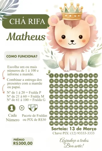 Convite Leãozinho rei verde para chá de bebê com tema de leão. – tema chá rifa (verde suave, animais, delicado, infantil, moderno)