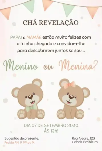 Convite Menino ou menina ursinhos para chá revelação do sexo do bebê. – tema chá revelação (fofo, colorido, infantil, lúdico, moderno, alegre)
