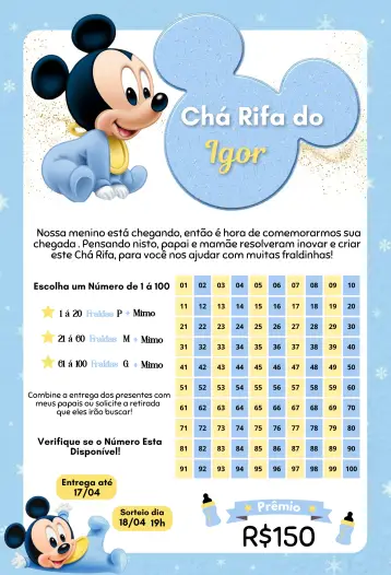 Convite Mickey Baby Azul para chá de bebê com tema mickey mouse. – tema chá rifa (azul claro, ilustrações infantis, divertido, colorido, temática Mickey, pijama)