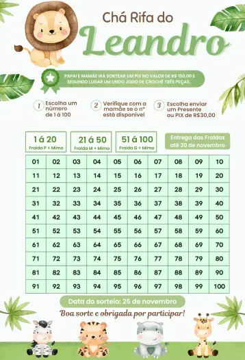 Convite Safari Animais Leão para chá de bebê com tema de safari. – tema chá rifa (safari, natureza, colorido, divertido, infantil, ilustrações)