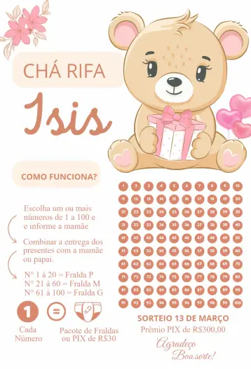 Convite Ursinha Marrom para chá de bebê – tema chá rifa (marrom, delicado, infantil, fofo, ilustração de urso)