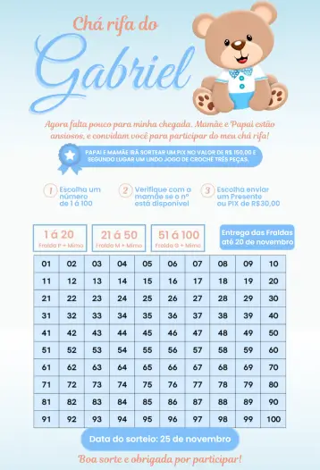 Convite Urso Amigo Fofo para chá de bebê com tema de ursinho. – tema chá rifa (animais, natureza, colorido, divertido, fofo, safari)