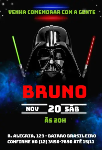 Convite Darth Vader para aniversário infantil com tema star wars. – tema cartão (temático Star Wars, galáctico, futurista, escuro e vermelho, aventura, brincalhão)