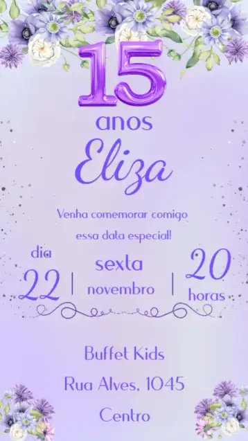 Convite 15 Anos para aniversário de 15 anos com estilo e sofisticação. – tema 15 anos (lilás, floral, elegante, moderno, romântico)