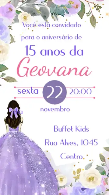 Convite 15 Anos para aniversário de 15 anos. – tema 15 anos (lilás, floral, moderno, elegante, romântico, jovem)