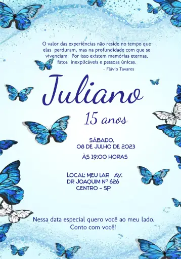 Convite 15 Anos Azul para festa de 15 anos. – tema 15 anos (azul, elegante, moderno, festa, jovem)