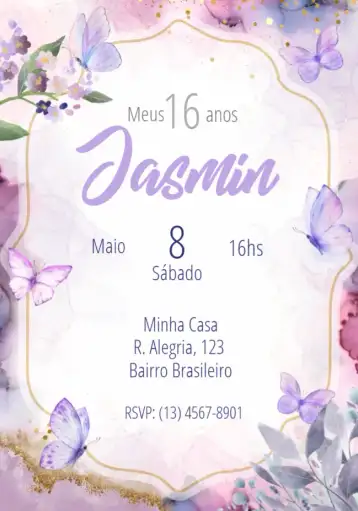 Convite 15 Anos Borboletas Debutante editável e personalizável