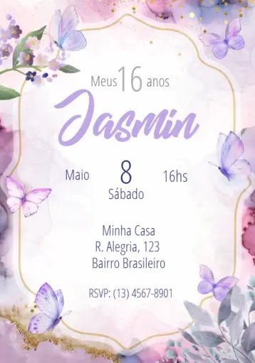 Convite 15 Anos Borboletas Debutante para aniversário de 15 anos e festas de debutante. – tema 15 anos (lilás, elegante, borboletas, romântico, moderno, feminino)