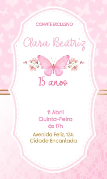 Convite 15 Anos Borboletas Dourado para aniversário de 15 anos. – tema 15 anos (dourado, delicado, rosa, feminino, floral)