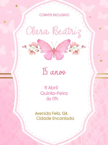 Convite 15 Anos Borboletas Dourado para aniversário de 15 anos. – tema 15 anos (dourado, delicado, rosa, feminino, floral)