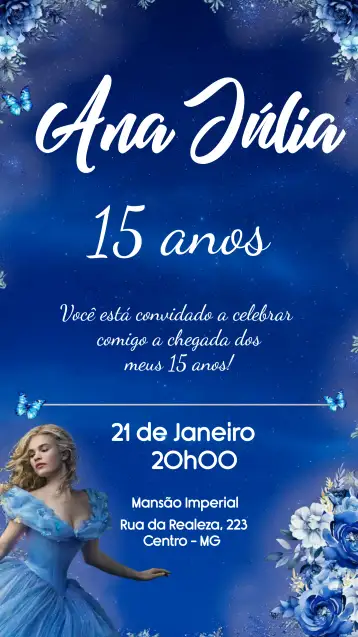 Convite 15 Anos Cinderela Borboleta para festa de 15 anos, celebrando a debutante com estilo e magia. – tema 15 anos (Cinderela, Borboletas, Azul claro, Elegante, Feminino, Mágico)
