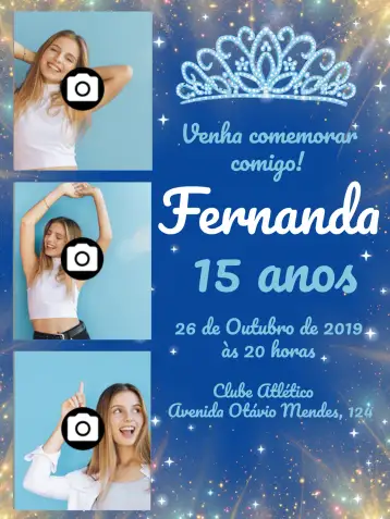 Convite 15 Anos Com Fotos Delicado para aniversário de 15 anos. – tema 15 anos (delicado, azul, moderno, feminino, princesa)