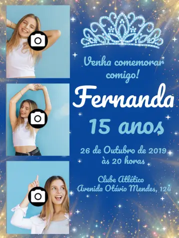 Convite 15 Anos Com Fotos Delicado para aniversário de 15 anos. – tema 15 anos (delicado, azul, moderno, feminino, princesa)