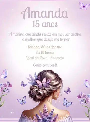 Convite 15 Anos Debutante Floral para aniversário de 15 anos da debutante. – tema 15 anos (floral, roxo, elegante, delicado, feminino, moderno)
