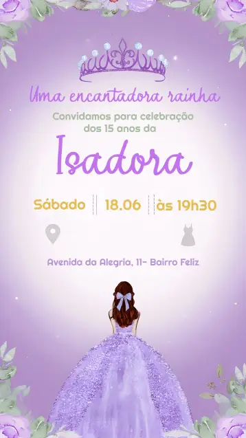 Convite 15 Anos Debutante Princesa para festa de 15 anos da debutante. – tema 15 anos (lilás, roxo, princesa, romântico, elegante, festivo)