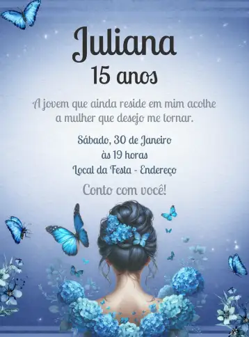 Convite 15 Anos Debutante Vestido para festa de 15 anos para debutante. – tema 15 anos (floral, azul, romântico, delicado, jovem, elegante)