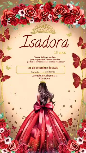 Invitación 15 Años Quinceañera Vestido – tema 15 años rojo, floral, brillante, princesa, elegante, moderno