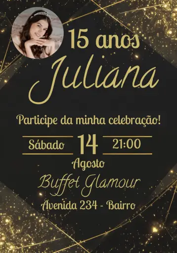 Invitación 15 Años Dorado Con Foto Negro editable y personalizable