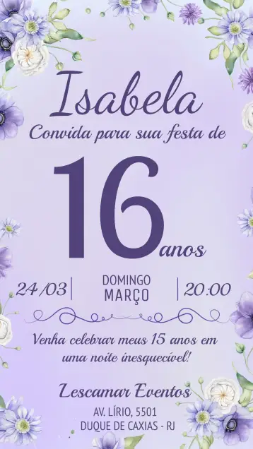 Convite 15 Anos Floral para festa de 15 anos para debutantes. – tema 15 anos (floral, lilás, elegante, romântico, princesa, moderno)