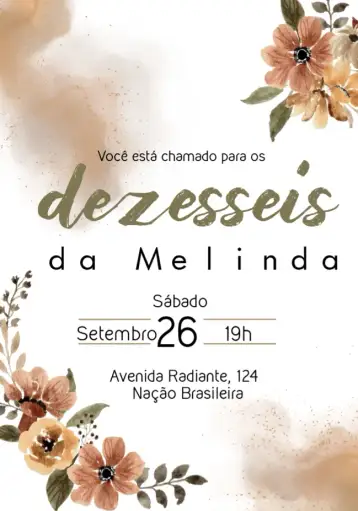 Convite 15 Años Acuarela Floral para cumpleaños de 15 años. – tema 15 años (floral, aquarela, moderno, elegante, colorido, vibrante)