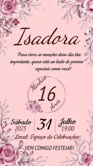 Convite 15 Anos Floral Menina editável e personalizável