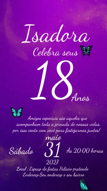 Convite 15 Anos Glitter para aniversário de 15 anos. – tema 15 anos (glitter, roxo, lilás, borboletas, festa moderna, elegante)