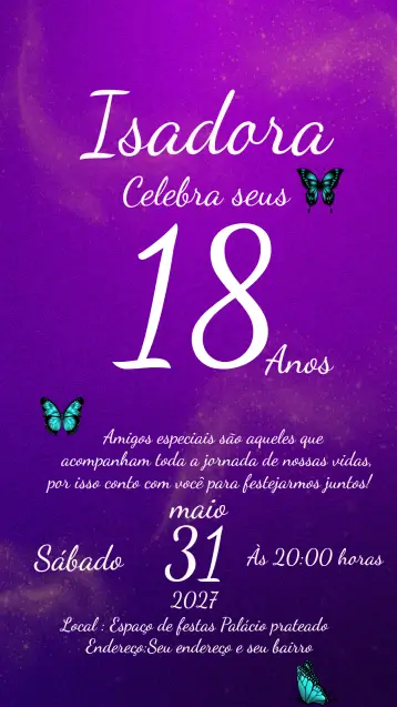 Convite 15 Anos Glitter para aniversário de 15 anos. – tema 15 anos (glitter, roxo, lilás, borboletas, festa moderna, elegante)