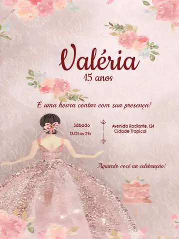 Convite 15 Anos Glitter Borboleta para festa de 15 anos. – tema 15 anos (rosa, glitter, borboleta, delicado, moderno, princesa)