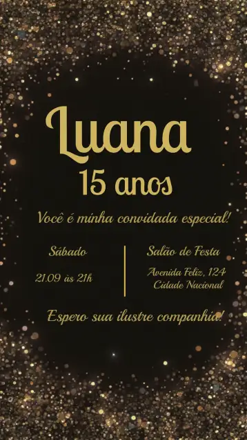 Convite 15th Glitter Elegant para 15th birthday party and debutante. – tema sweet 15 (glitter, golden, black, elegant, modern, sophisticated)