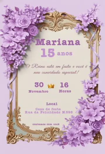 Convite 15 anos Lilás com Flores e Moldura Dourada para ideal para festas de 15 anos e debutantes. – tema 15 anos (lilás, dourado, floral, clássico, delicado, romântico)