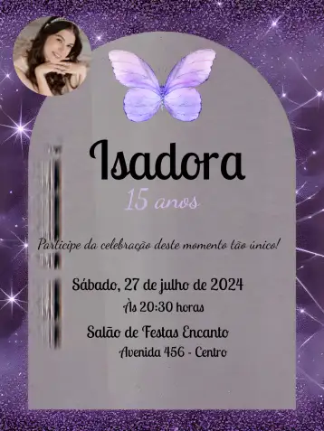 Convite 15 Años Lila Con Foto Adulto para cumpleaños de 15 años con estilo y sofisticación. – tema cumpleaños (lila, negro, purpurina, lujo, elegante, moderno)