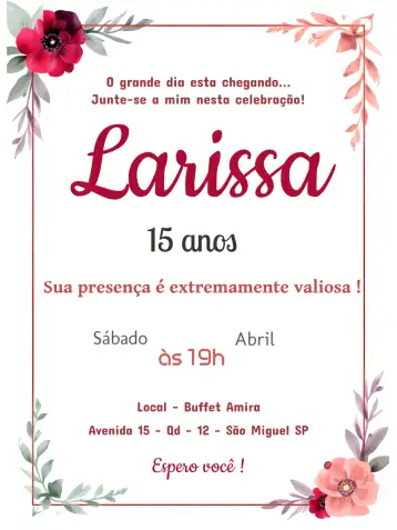 Convite 15 Anos Marsala Floral Quinze editável e personalizável