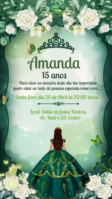 Convite 15 Anos Princesa para aniversário de 15 anos. – tema 15 anos (verde, princesa, borboletas, elegante, romântico)