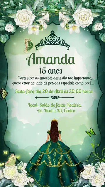 Convite 15 Anos Princesa para aniversário de 15 anos. – tema 15 anos (verde, princesa, borboletas, elegante, romântico)