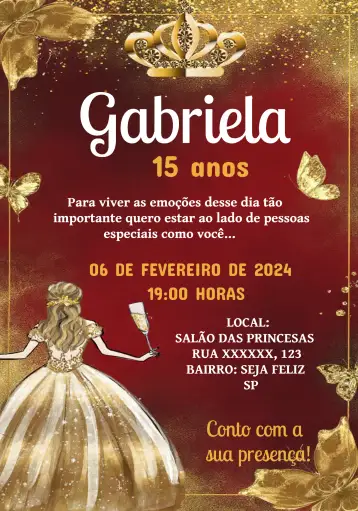 Convite 15 Anos Princesa Dourado para aniversário de 15 anos e festa de debutante. – tema 15 anos (dourado, princesa, borboletas, elegante, romântico, festivo)
