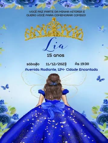 Convite 15 Anos Princesa Glitter Borboleta para aniversário de 15 anos com tema de princesa. – tema 15 anos (glitter, azul, princesa, borboleta, feminino, festivo)