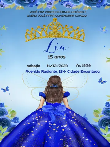 Convite 15 Anos Princesa Glitter Borboleta para aniversário de 15 anos com tema de princesa. – tema 15 anos (glitter, azul, princesa, borboleta, feminino, festivo)