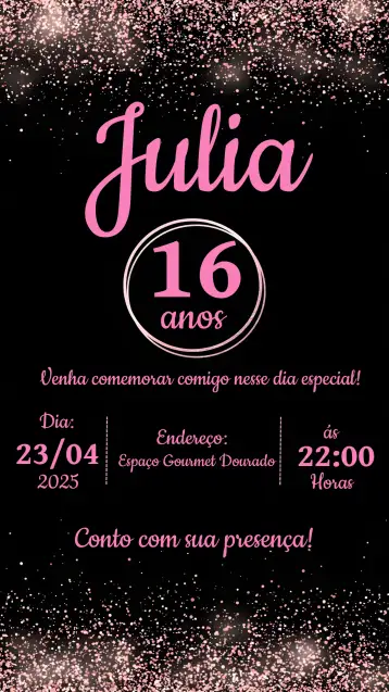 Convite 15 Anos Rosê Gold Preto para ideal para festas de 15 anos e debutantes. – tema 15 anos (rosê, dourado, preto, glitter, luxuoso, elegante)