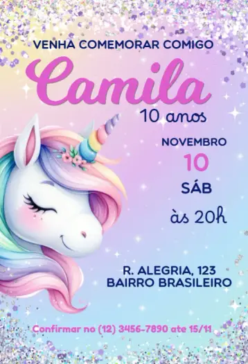Convite Unicórnio editável e personalizável