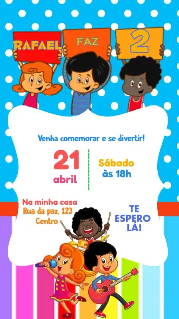 Convite 3 palavrinhas para aniversário infantil com temática gospel. – tema aniversário infantil (colorido, gospel, infantil, divertido, musical)