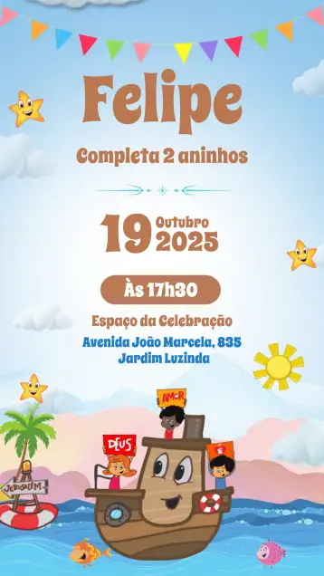 Convite 3 Little Words of Love para kids birthday – tema kids' birthday party (colorful, playful, religious, fun, childlike, jovial)