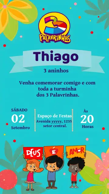 Convite 3 Palavrinhas Azul para ideal para eventos religiosos, como batizados ou festas de aniversário evangélicas. – tema mais pesquisados (colorido, gospel, infantil, natureza, divertido)