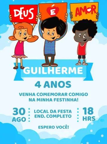 Convite 3 Palabritas Dios Es Amor Azul para cumpleaños infantil con temática religiosa. – tema más buscados (azul, lúdico, religioso, infantil, colorido, divertido)